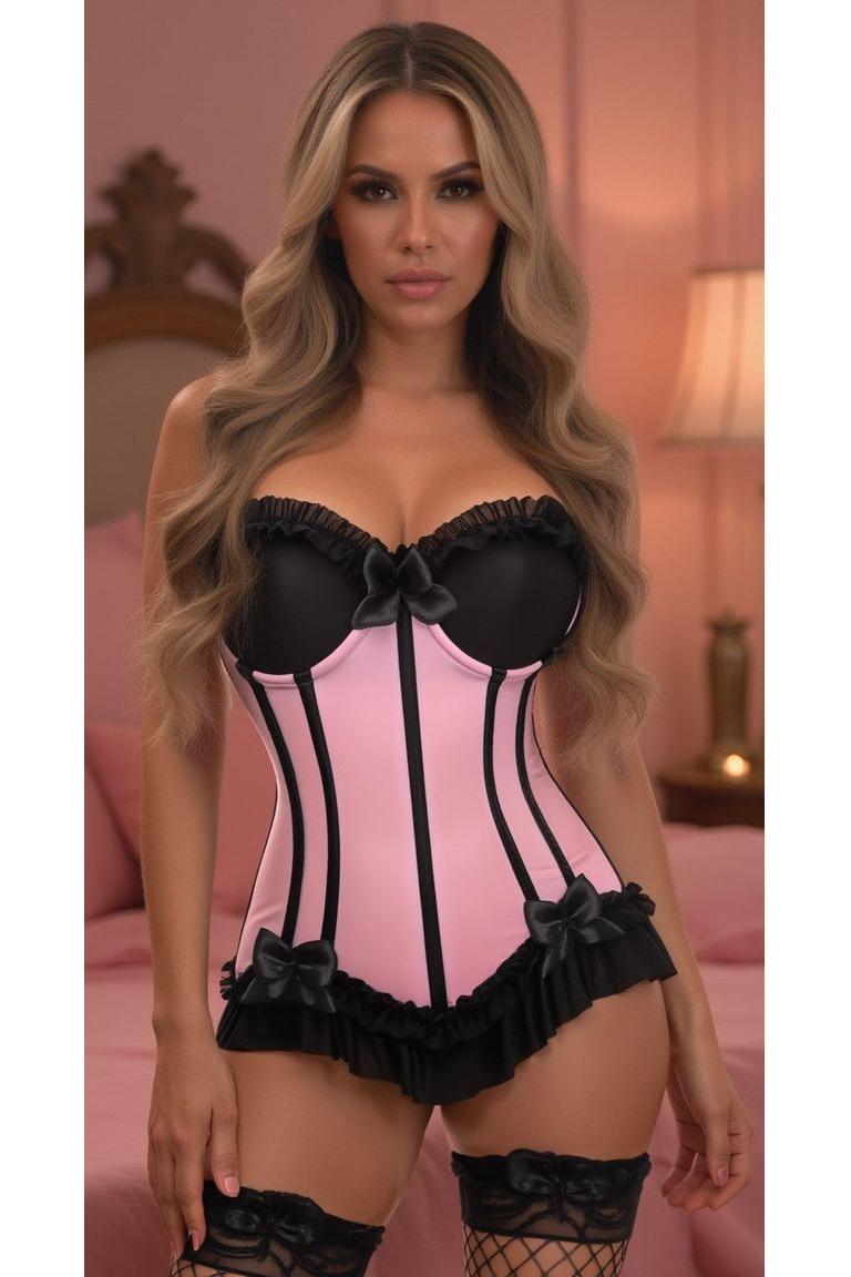 Lavish Lt Pink w/Black Lycra Hook & Eye Stretch Bustier Corset - Daisy Corsets
