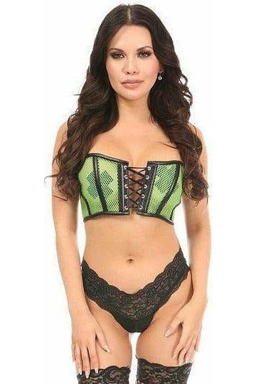 Lavish Neon Green Fishnet & Faux Leather Lace - Up Short Bustier Top - Daisy Corsets
