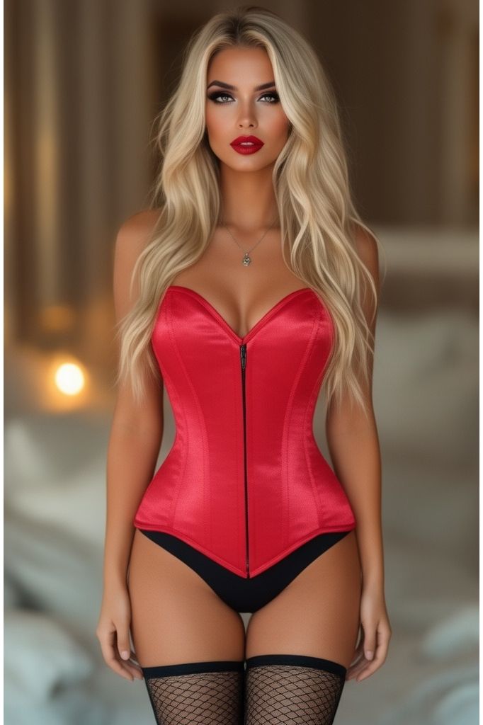 Lavish Red Satin Front Zipper Overbust Corset - Daisy Corsets