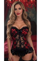 Lavish Red w/Black Lace & Lycra Hook & Eye Stretch Bustier Corset - Daisy Corsets