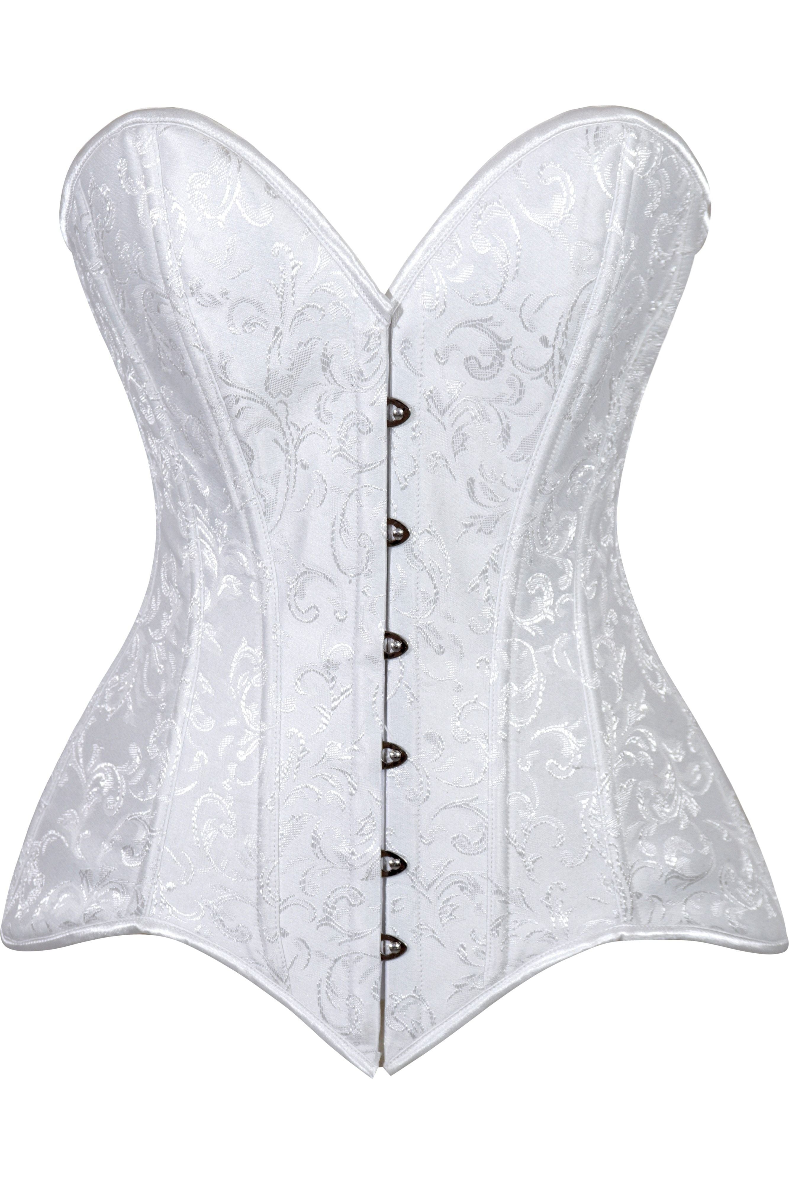 Lavish White Brocade Overbust Corset W/Busk Closure - Daisy Corsets