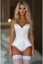Lavish White Satin Front Zipper Overbust Corset - Daisy Corsets