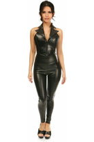 Top Drawer Black Faux Leather Steel Boned Collared Bustier Top - Daisy Corsets