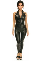 Top Drawer Black Faux Leather Steel Boned Collared Bustier Top - Daisy Corsets