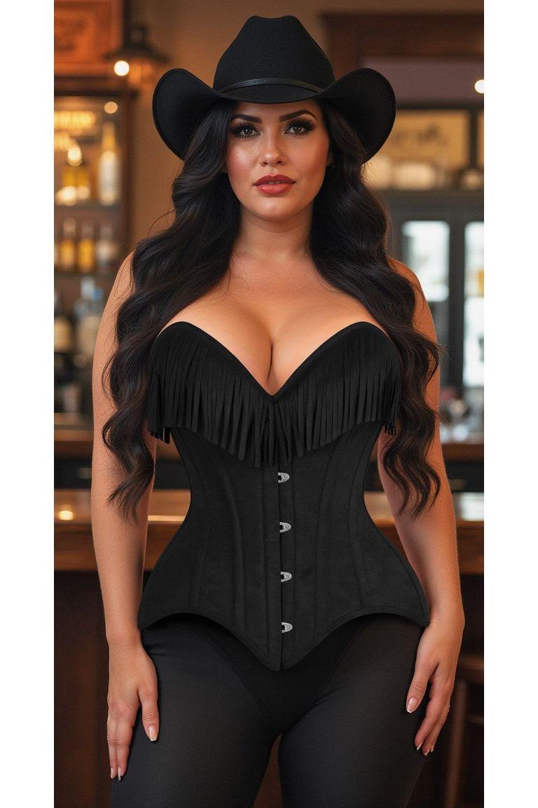 Top Drawer Black Suede Steel Boned Overbust Corset w/Fringe - Daisy Corsets