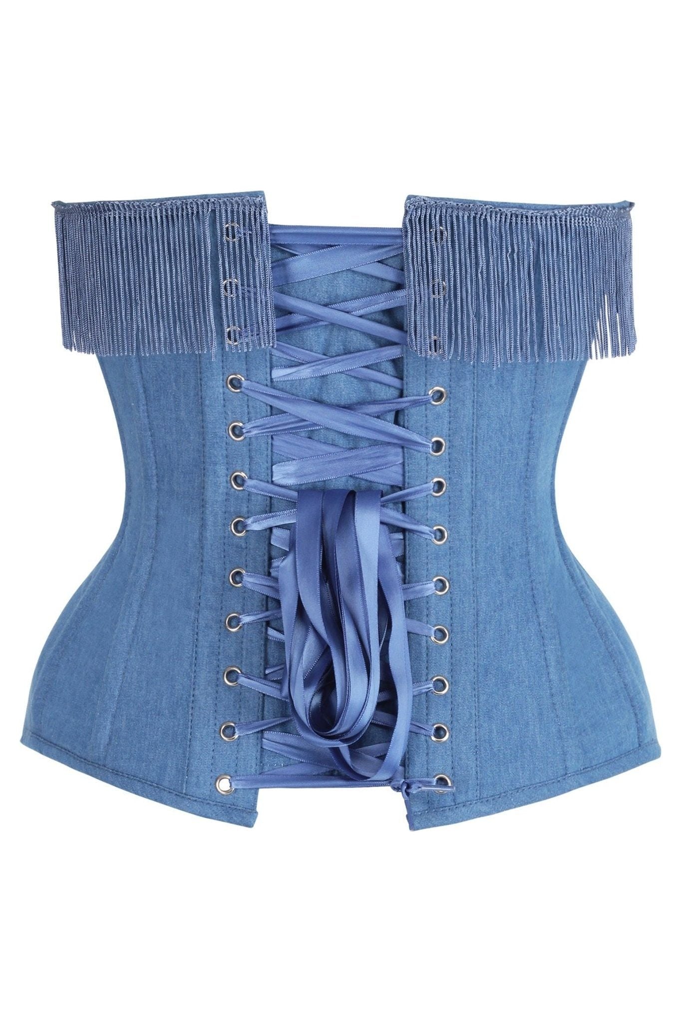 Top Drawer Blue Denim Steel Boned Overbust Corset w/Fringe - Daisy Corsets