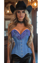 Top Drawer Blue Denim Steel Boned Overbust Corset w/Fringe - Daisy Corsets