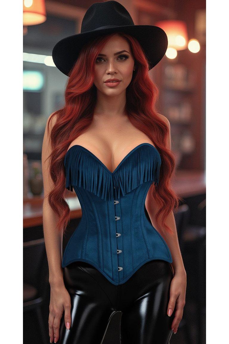 Top Drawer Blue Suede Steel Boned Overbust Corset w/Fringe - Daisy Corsets
