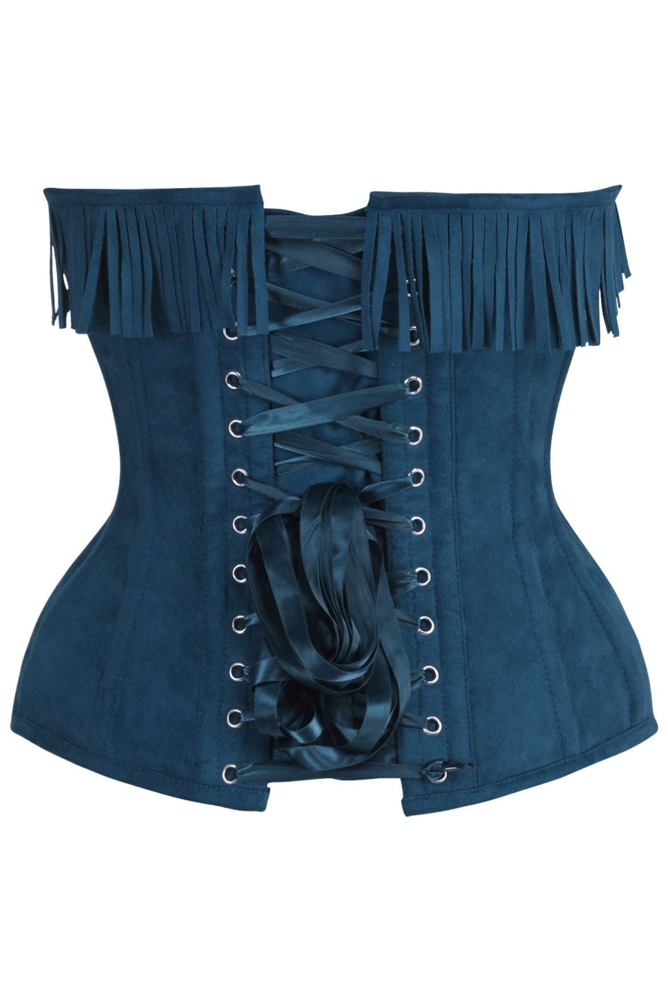 Top Drawer Blue Suede Steel Boned Overbust Corset w/Fringe - Daisy Corsets