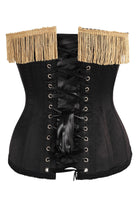 Top Drawer Burlesque Black/Dark Red Steel Boned Corset w/Gold Fringe - Daisy Corsets