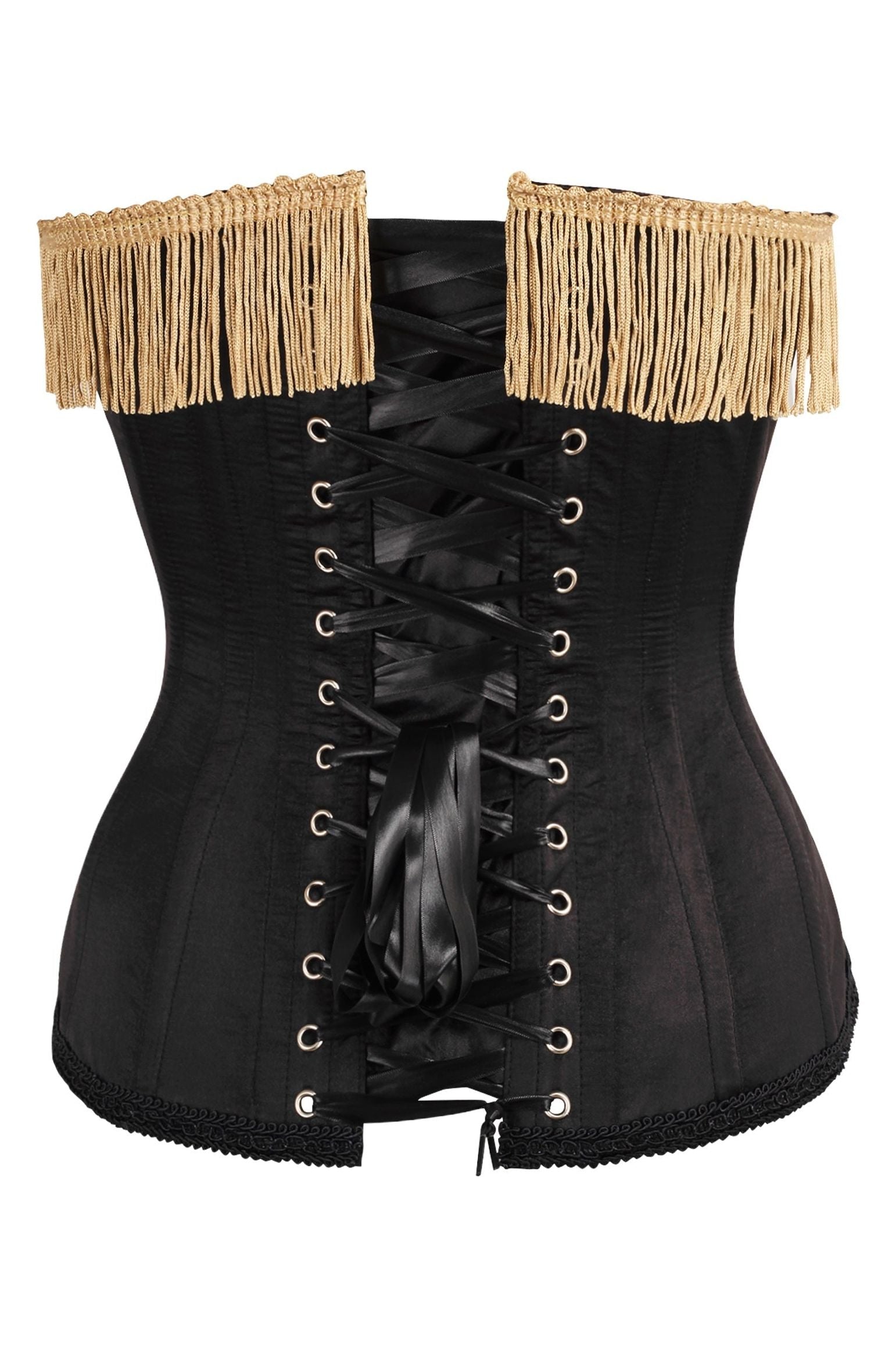 Top Drawer Burlesque Black/Dark Red Steel Boned Corset w/Gold Fringe - Daisy Corsets