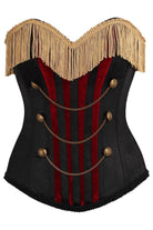 Top Drawer Burlesque Black/Dark Red Steel Boned Corset w/Gold Fringe - Daisy Corsets