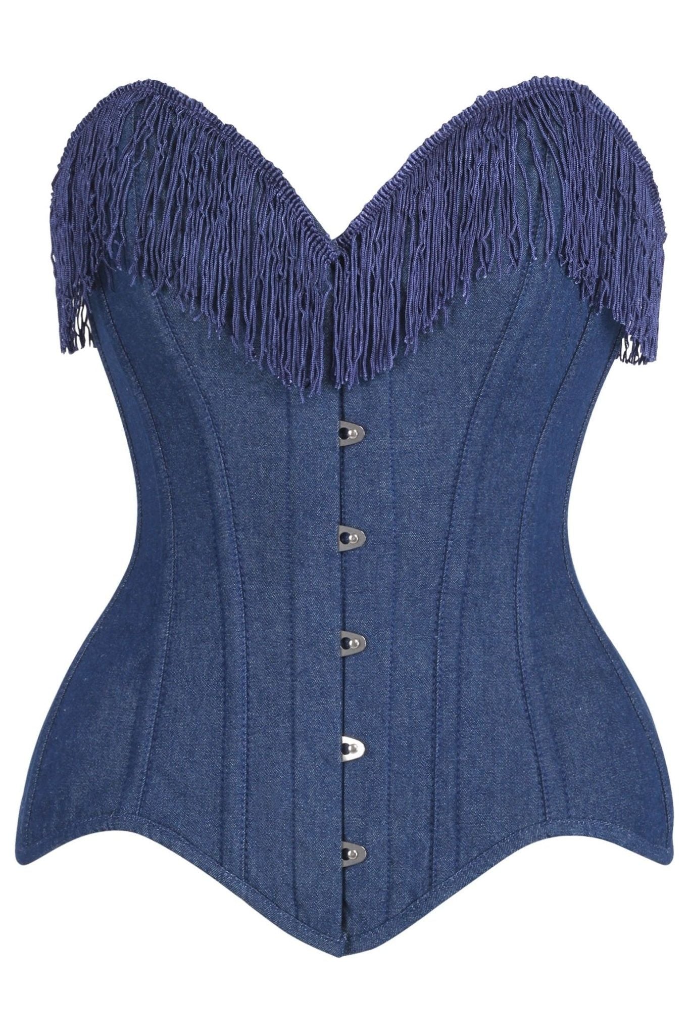 Top Drawer Dark Blue Denim Steel Boned Overbust Corset w/Fringe - Daisy Corsets