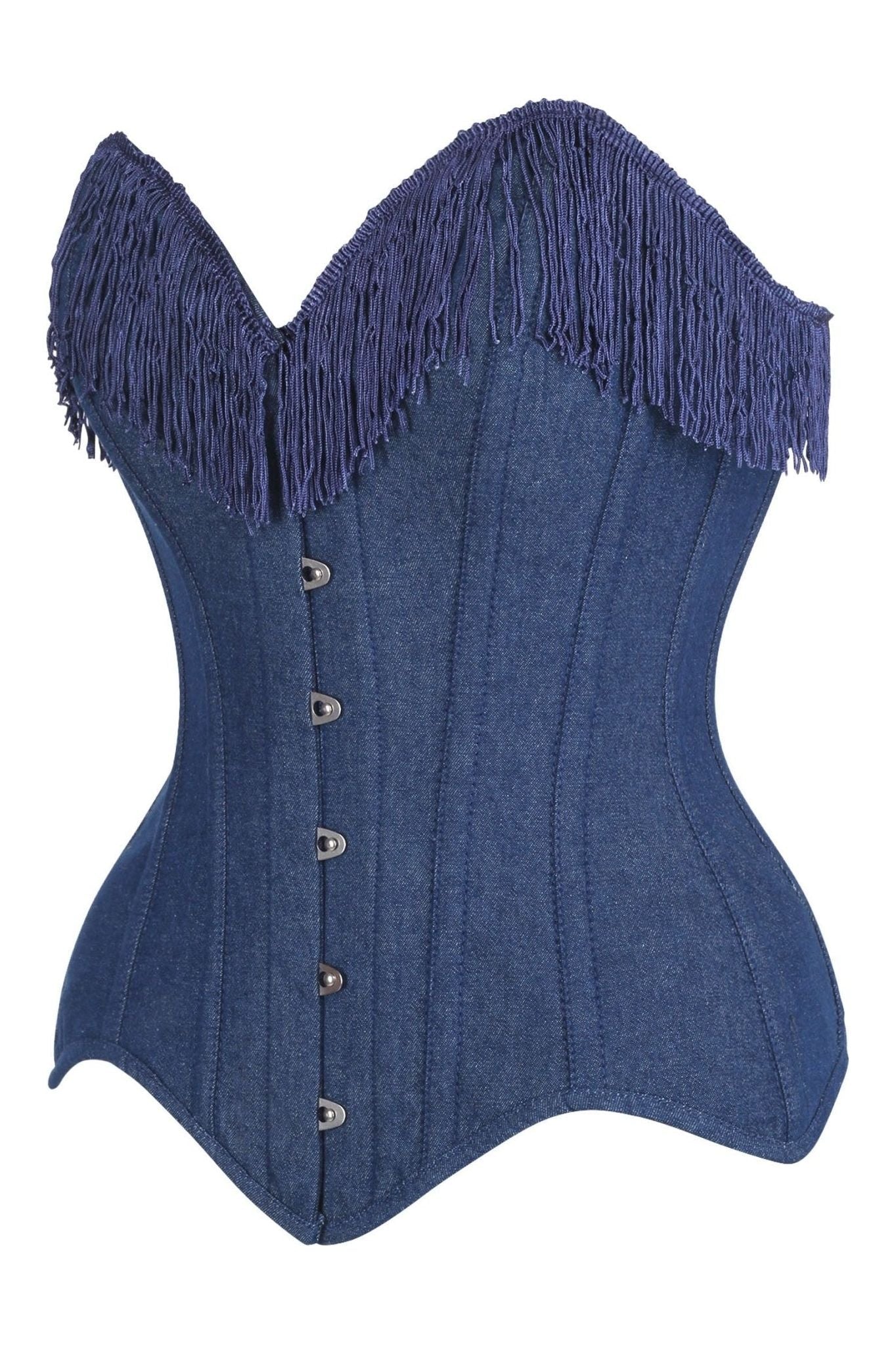 Top Drawer Dark Blue Denim Steel Boned Overbust Corset w/Fringe - Daisy Corsets