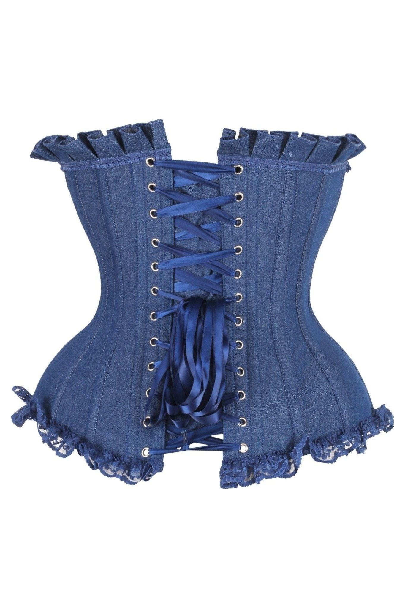 Top Drawer Dark Blue Denim Underwire Steel Boned Burlesque Corset w/Bows - Daisy Corsets