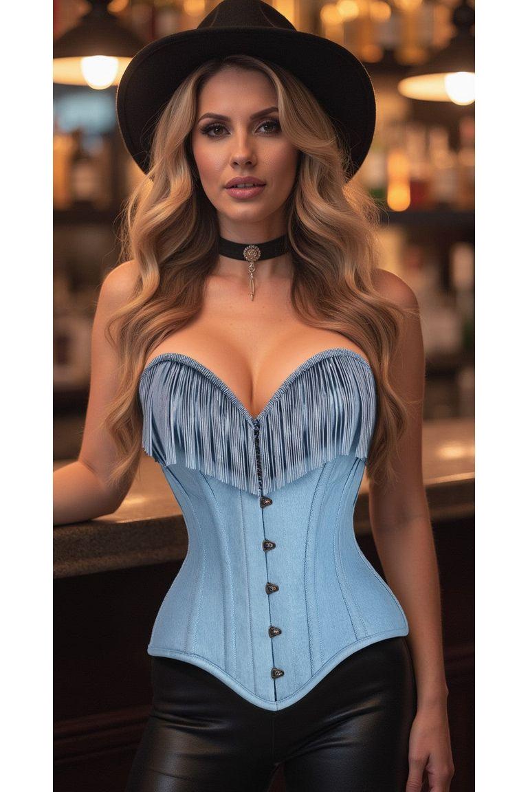 Top Drawer Light Blue Denim Steel Boned Overbust Corset w/Fringe - Daisy Corsets