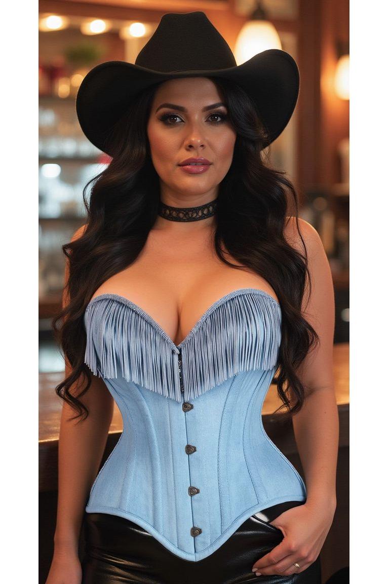 Top Drawer Light Blue Denim Steel Boned Overbust Corset w/Fringe - Daisy Corsets