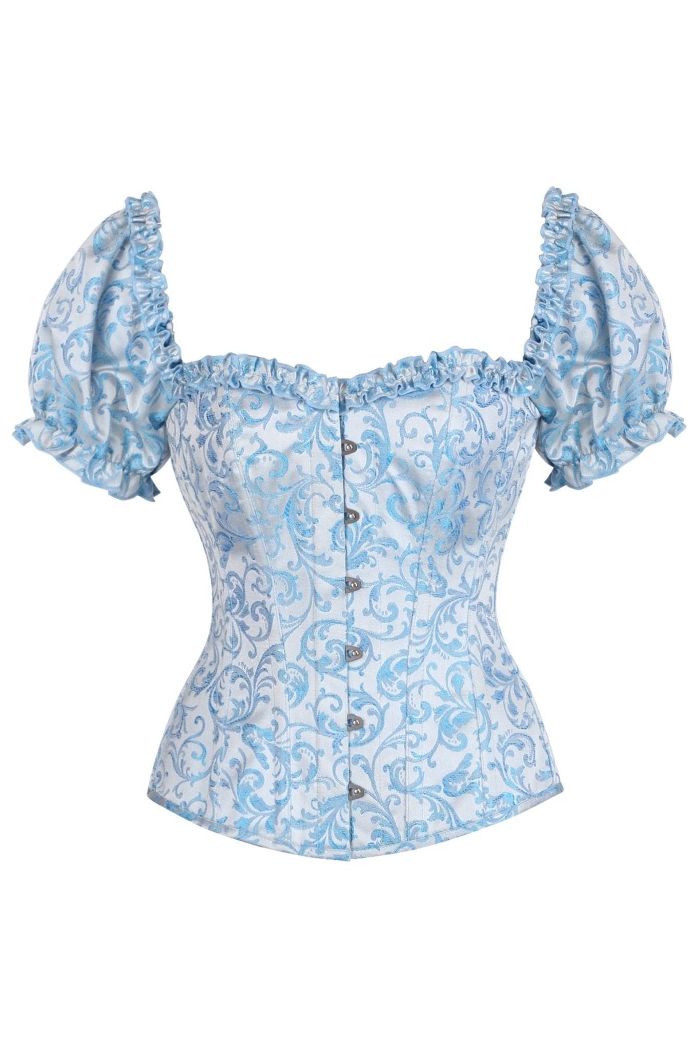 Top Drawer Steel Boned Blue Brocade Overbust Corset Top w/Sleeves - Daisy Corsets