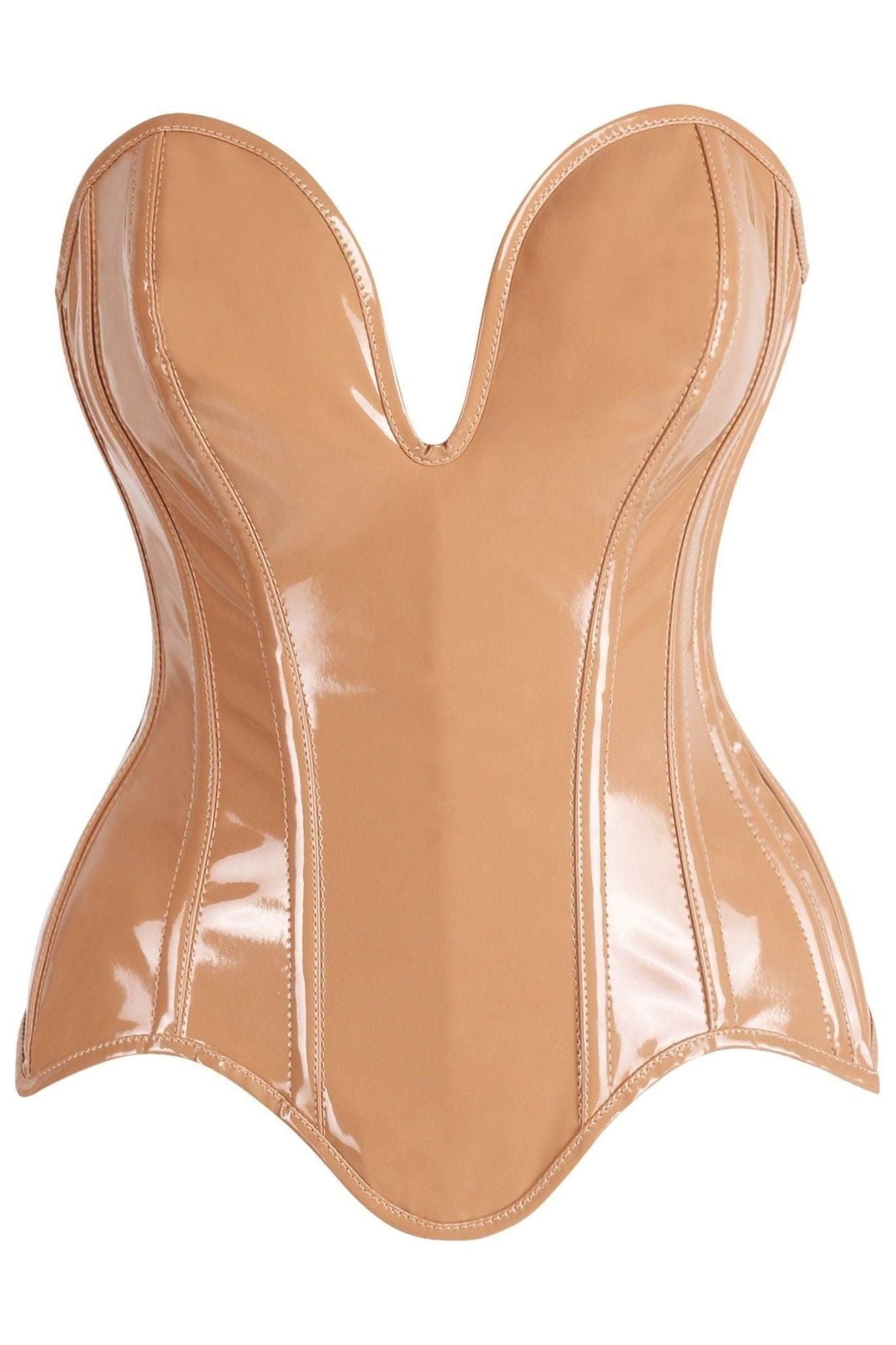 Top Drawer Steel Boned Caramel Patent Plunge Neckline Overbust Corset - Daisy Corsets