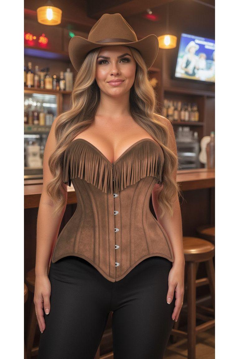 Top Drawer Tan Suede Steel Boned Overbust Corset w/Fringe - Daisy Corsets